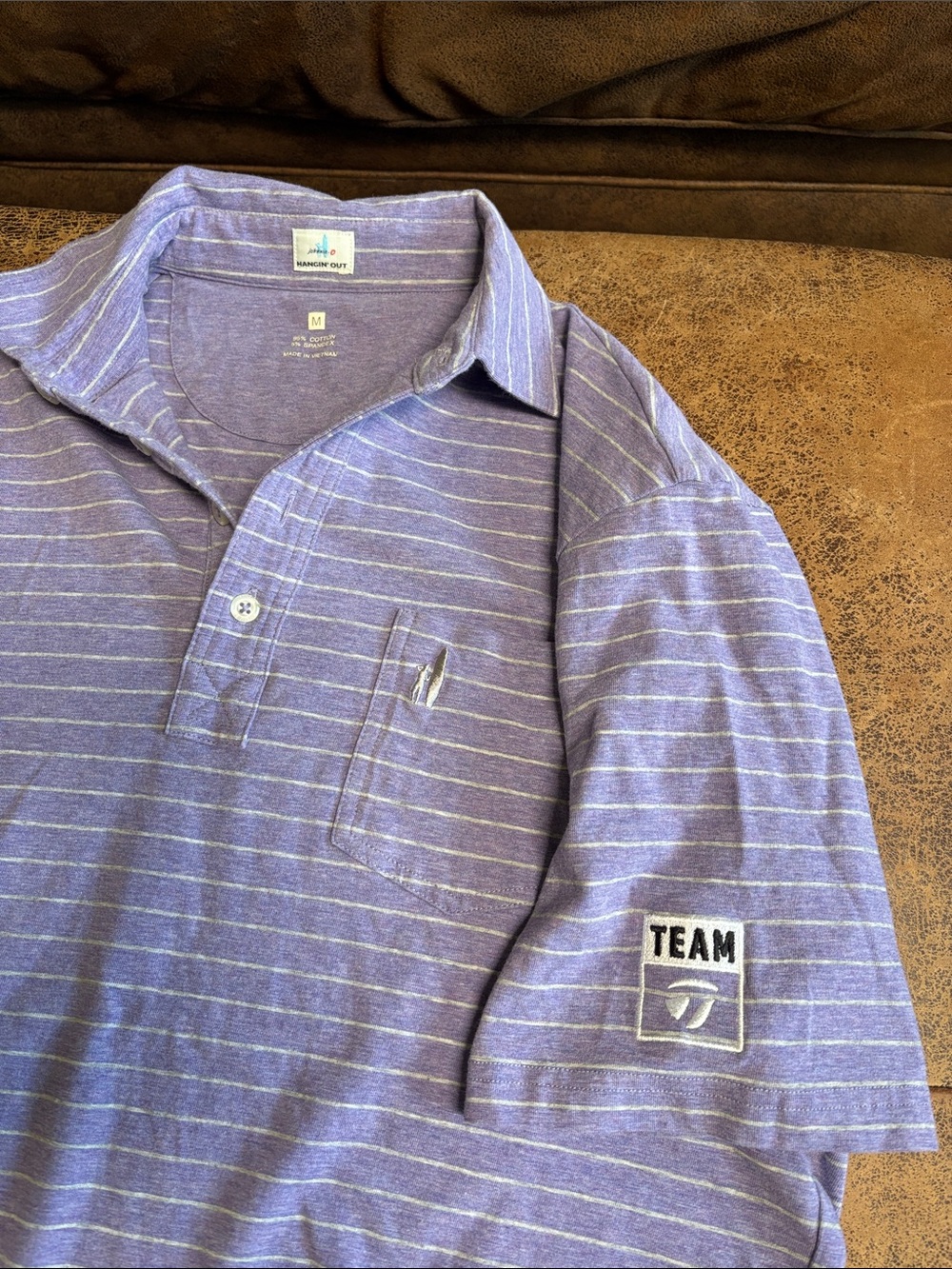 johnnie-O Lavender Striped Polo with Sleeve 'TEAM' Patch